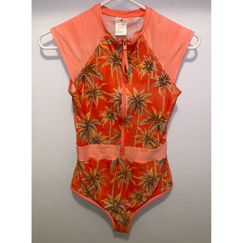 Body Glove Stand Up Zip Front Paddle One-Piece Swimsuit UPF 50+ Pink Palm tree S